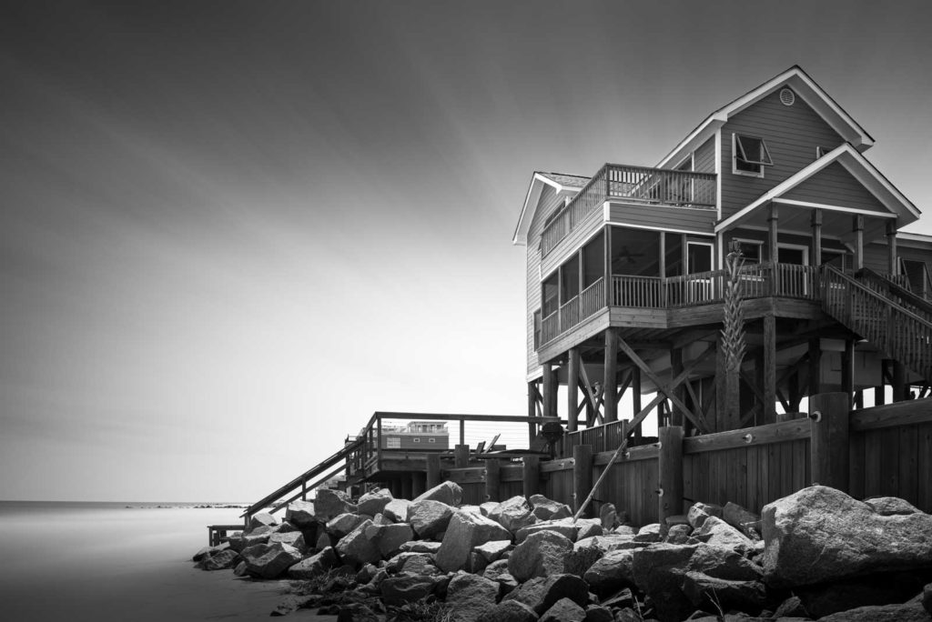 Black & white art print of a beach house on Folly Beach, South Carolina